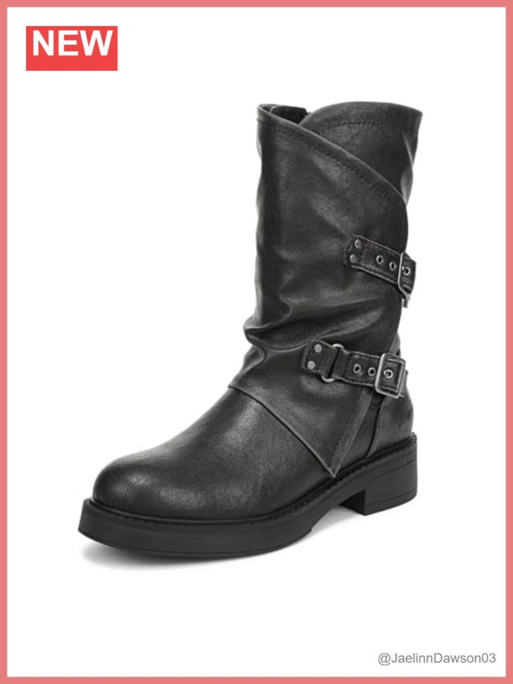 Faux Leather Moto Ankle Boots Block Heel Side Zip